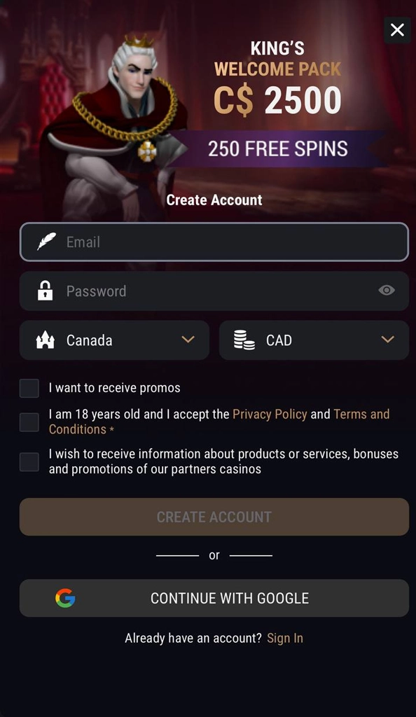 Fill your King Billy Casino data