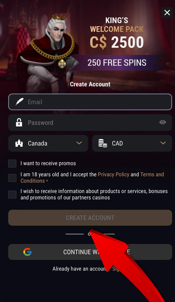 Press create button to complete registration on King Billy